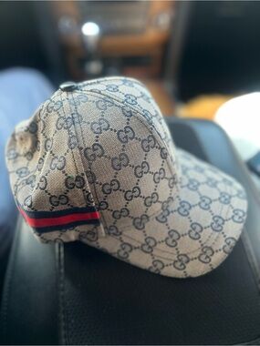 Tan GG Canvas Baseball Cap with Blue Monogram